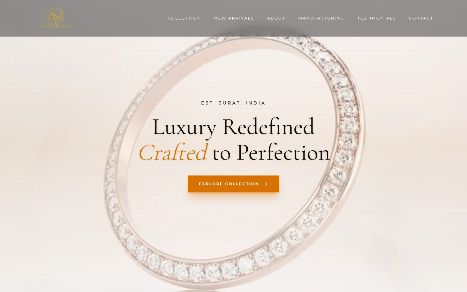 The Auri Star Jewels homepage, a pale hero reading Luxury Redefined, Crafted to Perfection over a diamond